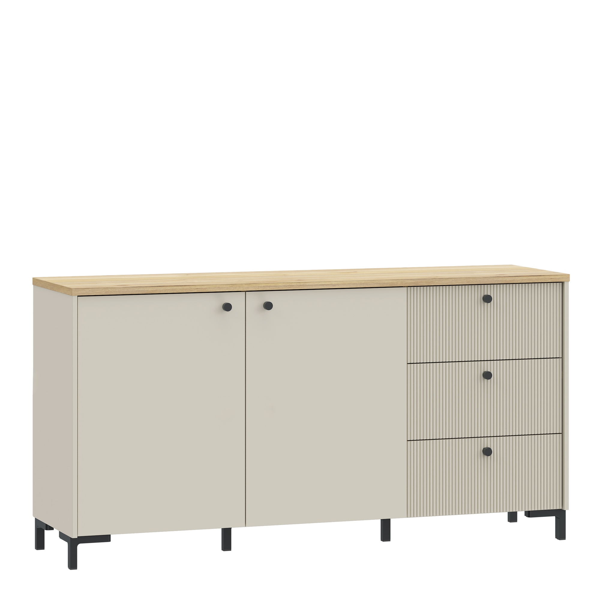 ZENVITE Wide Sideboard with Fluted Drawers and Cupboard - Mauvella Oak with Sand