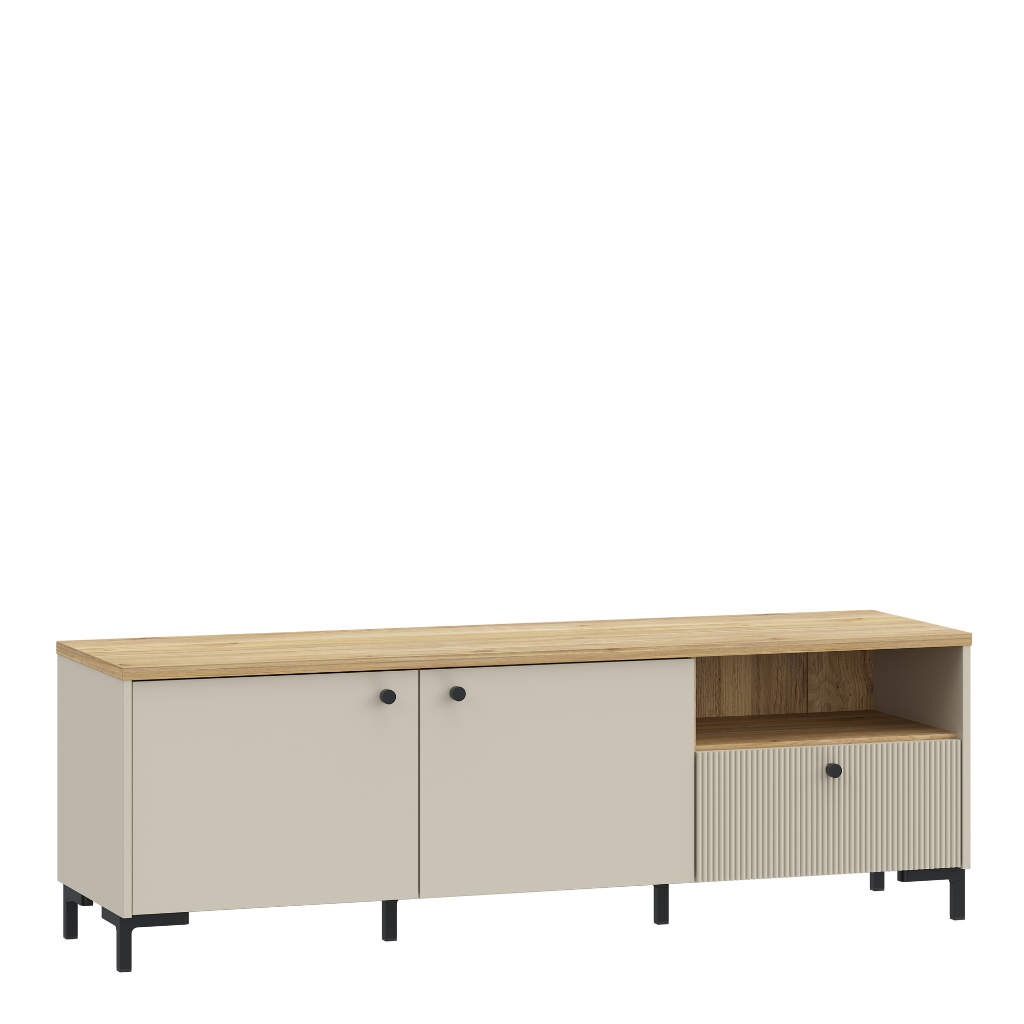 ZENVITE Wide TV Unit Cabinet with Fluted Drawer, Open Shelf and Cupboard - Mauvella Oak with Sand