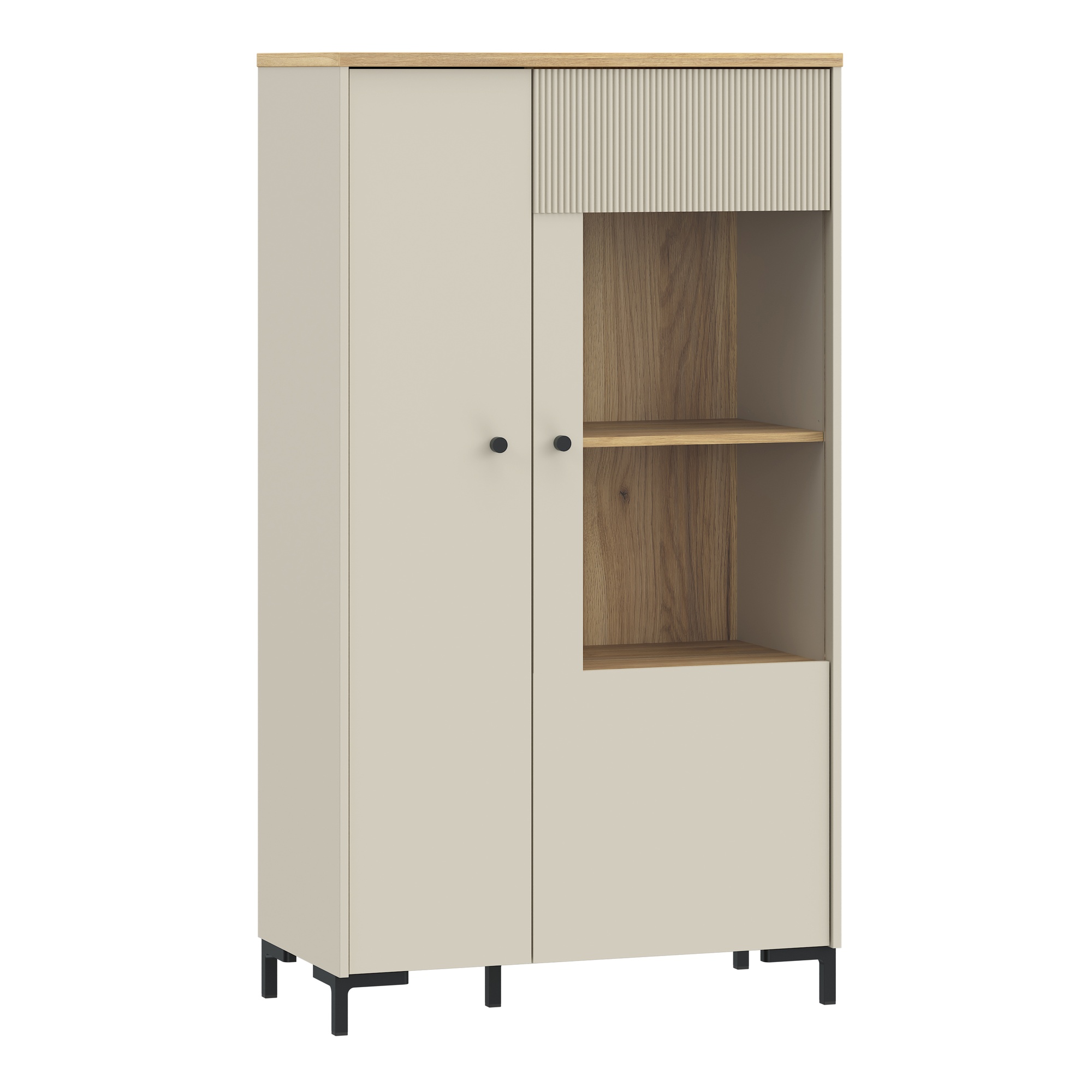 ZENVITE Display Cabinet with Fluted Detail, Doors and Open Shelving - Mauvella Oak with Sand