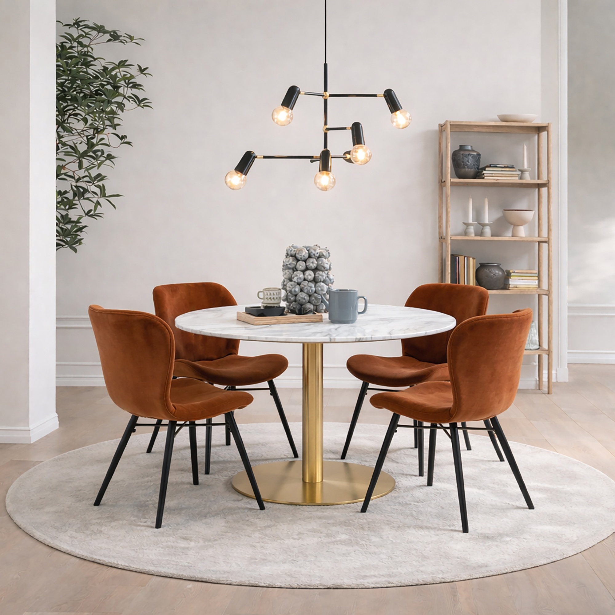 TRENTON Round White Marble Top and Gold Base Dining Table with 4 Batilda Chairs - Copper - Rosalind Collection