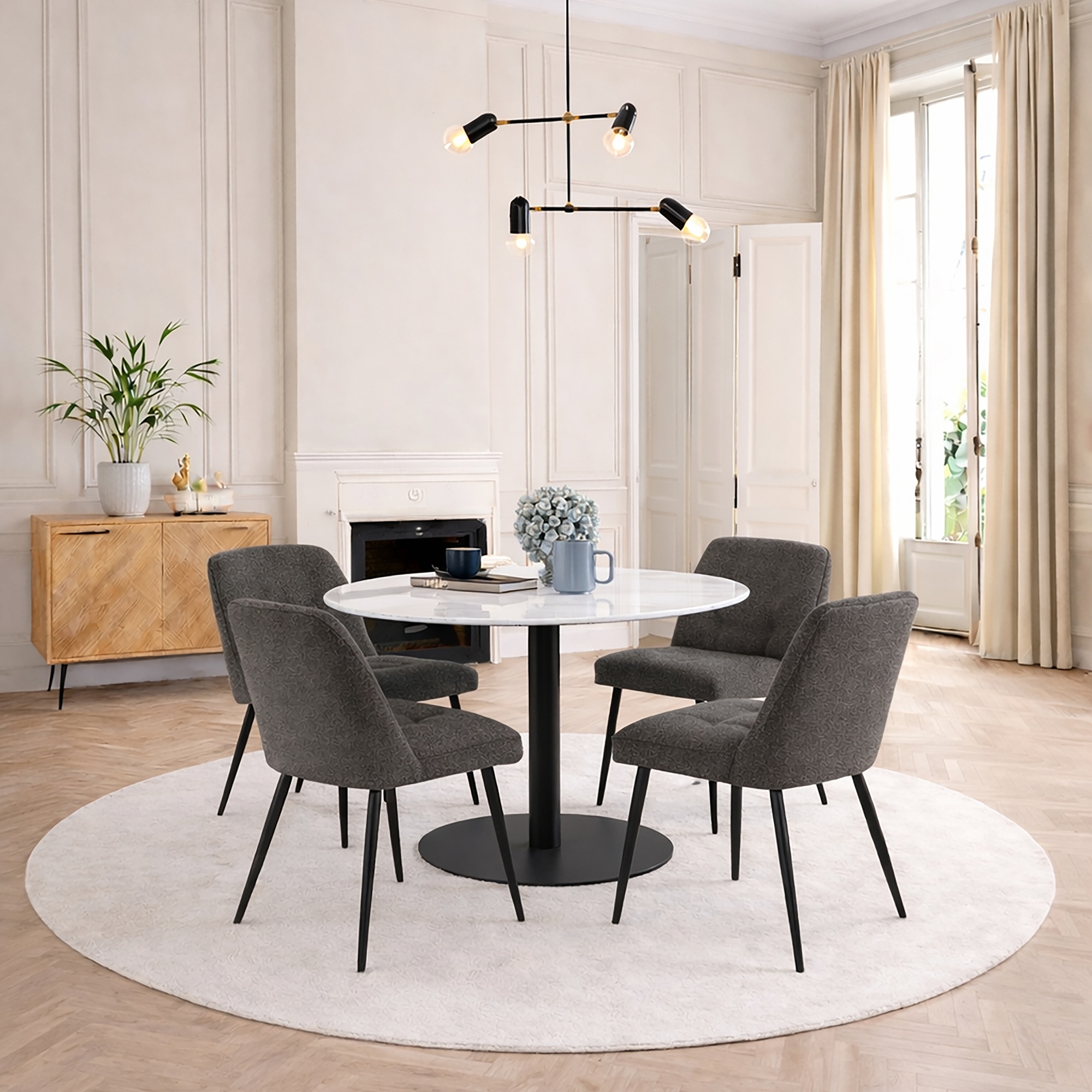 TRENTON Round White Marble Top and Black Base Dining Table with 4 Brooke Chairs - Taupe - Rosalind Collection