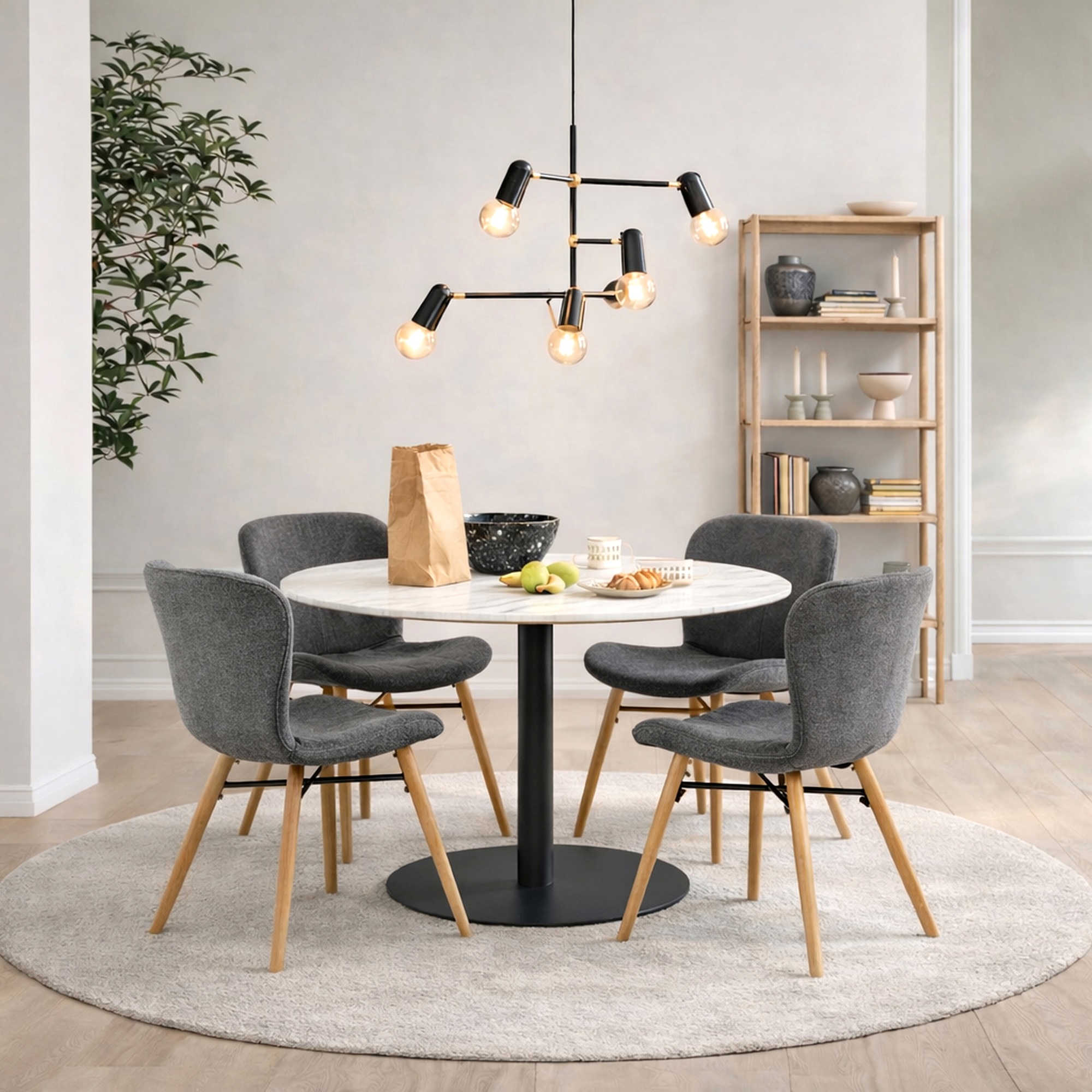 TRENTON Round White Marble Top and Black Base Dining Table with 4 Batilda Chairs - Grey with Oak - Rosalind Collection