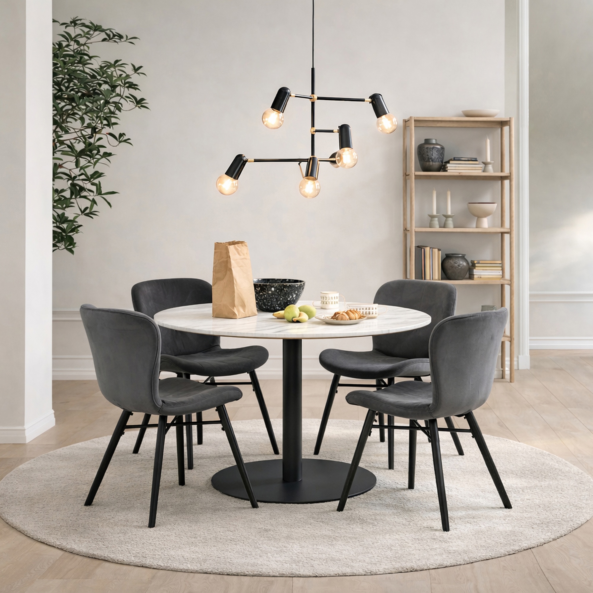 TRENTON Round White Marble Top and Black Base Dining Table with 4 Batilda Chairs - Dark Grey - Rosalind Collection
