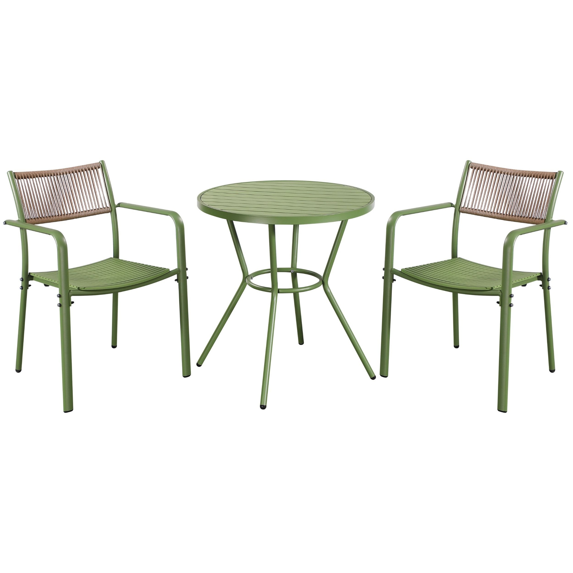 RAVINA 3 Piece Garden Bistro Set - Rope Back Armchairs - Moss Green