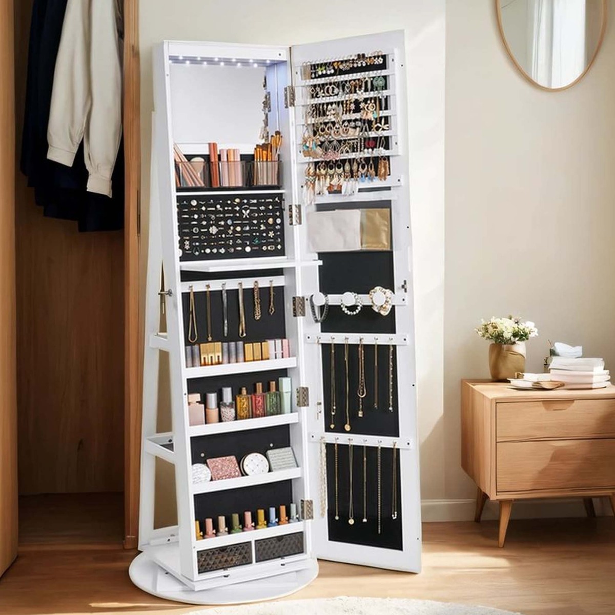 Jewellery Cabinet - VERRIA Swivel Lockable Mirror Organizer Frameless - White - Indigo Home