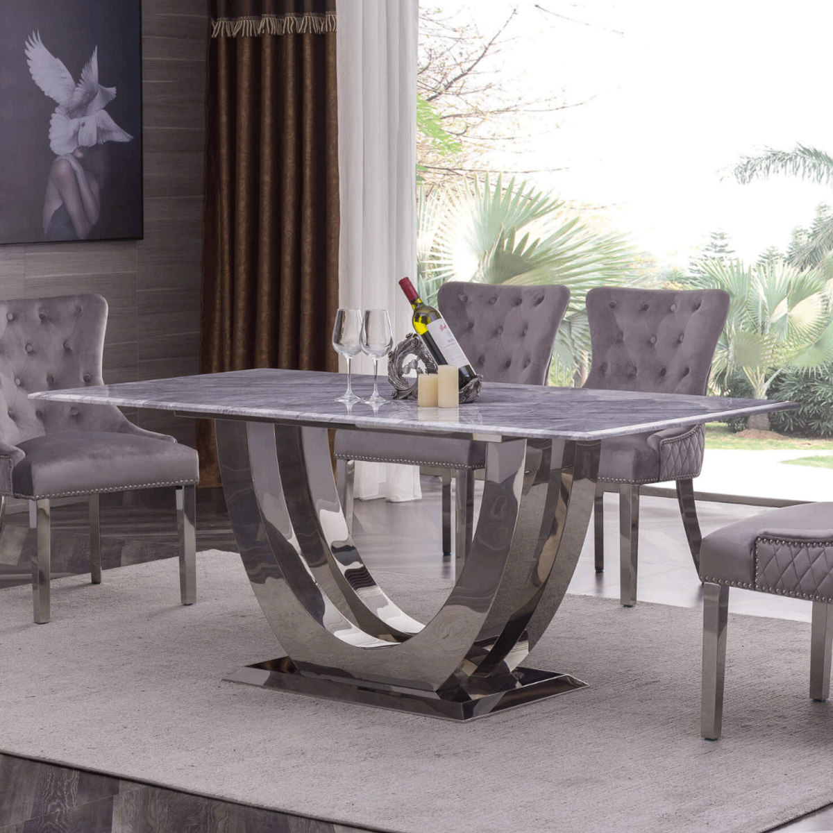 Corby Natural Stone Marble Effect Dining Table with Stainless Steel Base - Lacquered Finish - Sigrid Mills