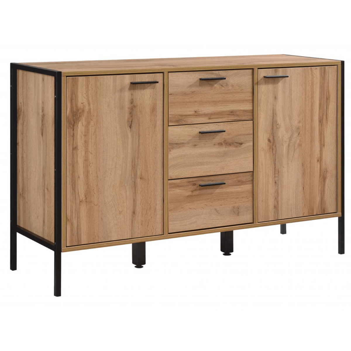 Wenatchee 2-Door 3-Drawer Sideboard: Oak Effect, Black Metal Frame - Contemporary Storage Solution - Sigrid Mills