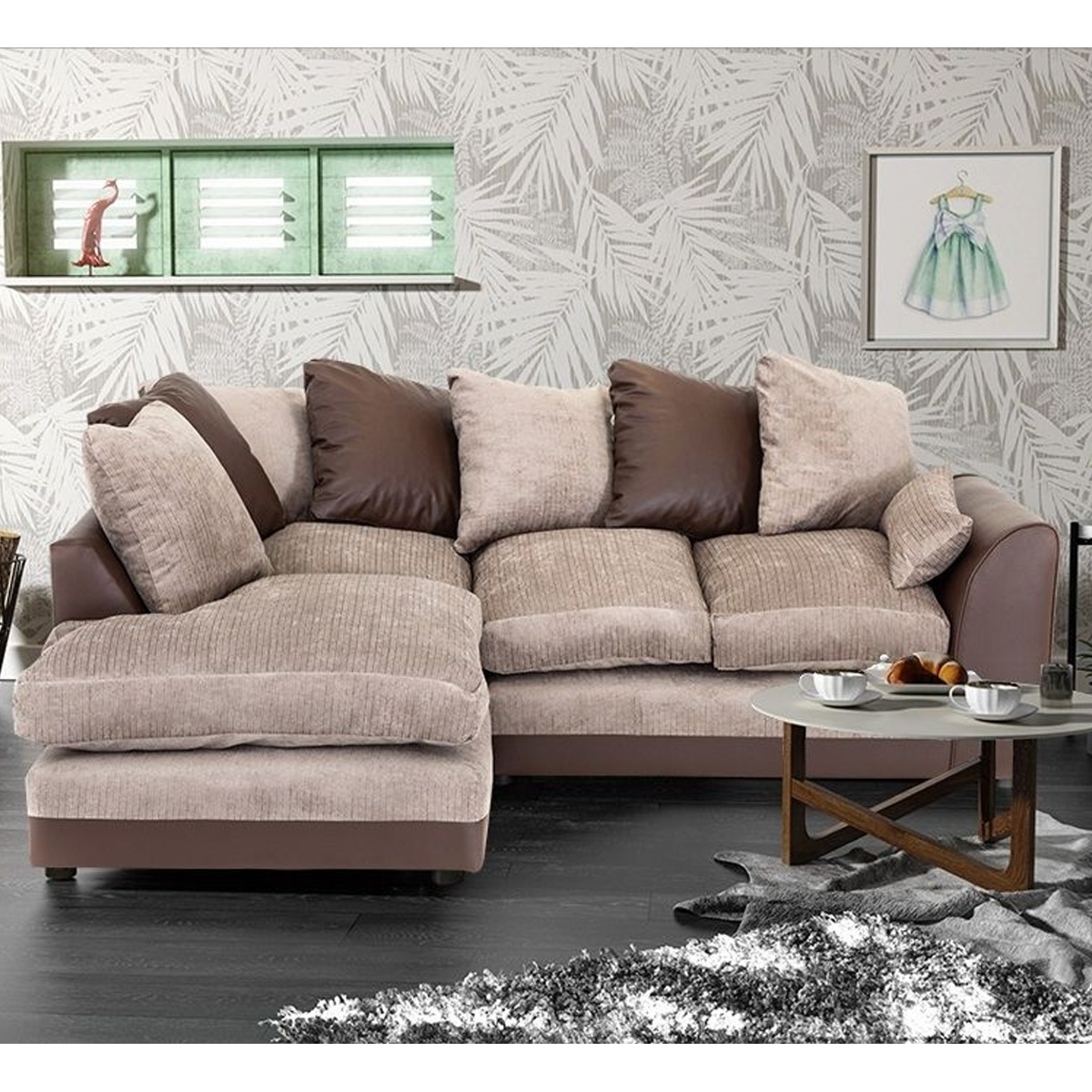 DYLAN Chenille Fabric 4 Seater L Shaped - Left Hand Facing Corner Sofa - Brown and Beige - Home Done