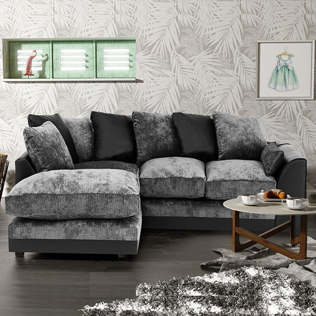 DYLAN Chenille Fabric 4 Seater L Shaped - Left Hand Facing Corner Sofa - Black and Grey - Home Done