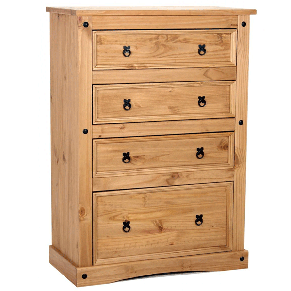 CARLISLE III Pine Finish Chest of Drawers - Large-sized, 4 Drawers - Sigrid Mills