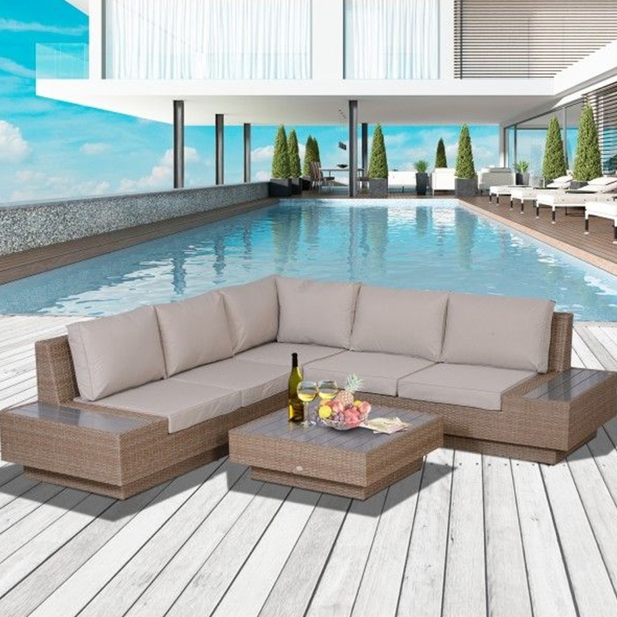 4-PC Rattan Corner Sofa Set - Beige - The Garden Savant