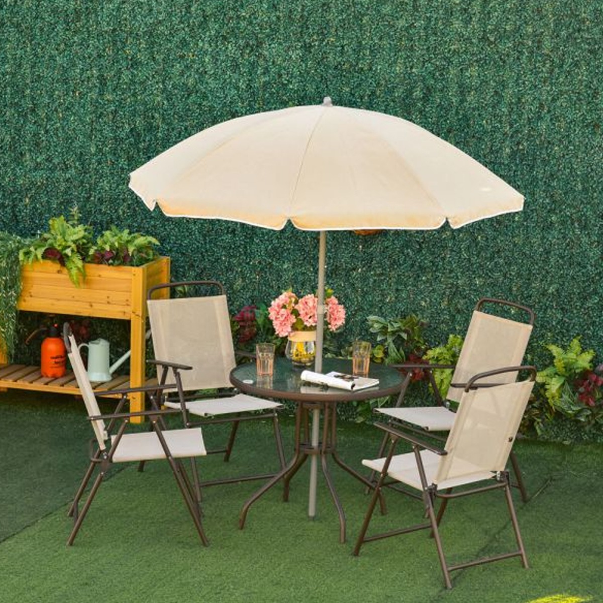 Garden Dining Table Chair Set 6PC With Parasol - Beige - Gardens Direct