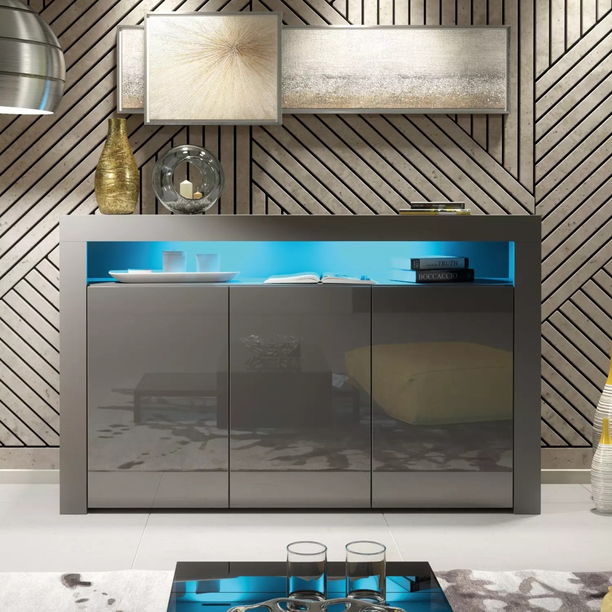 TV Unit Sideboard Cabinet with 3 Doors Storage and Free LED Lighting 155cm - Dark Grey - Maximillian Hub