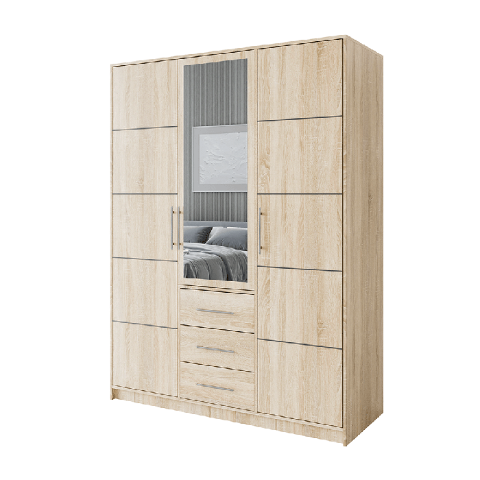 BARNSLEY 3 Door Mirrored Wardrobe with 3 Drawers Oak Sonoma - 147cm - Avellino & Wells