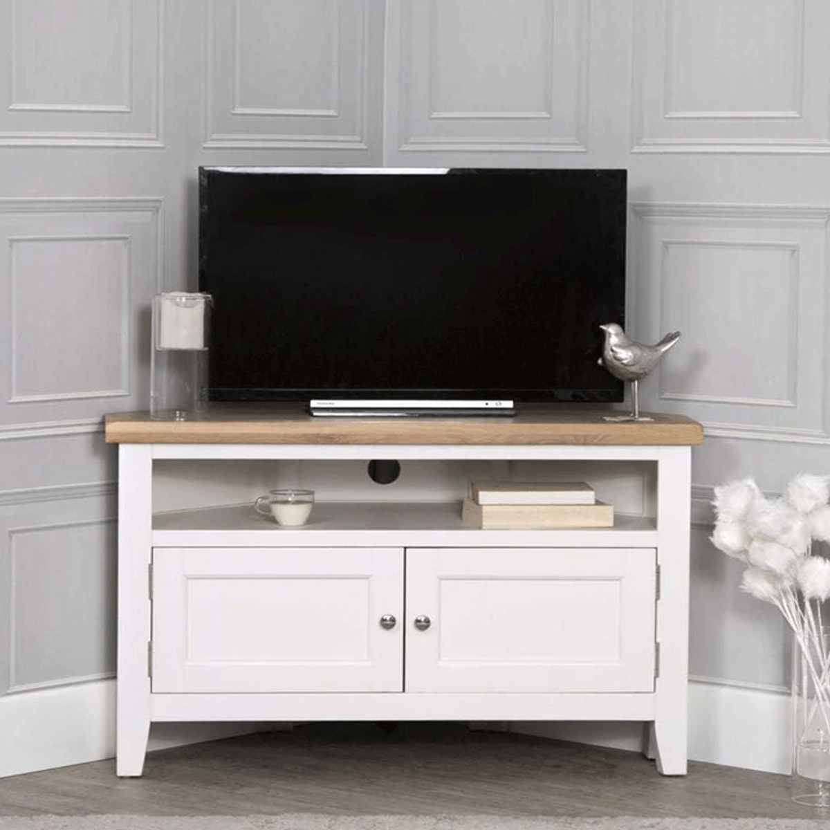 Quantum Corner Media Unit with Oak Top - White - Kettle Homes