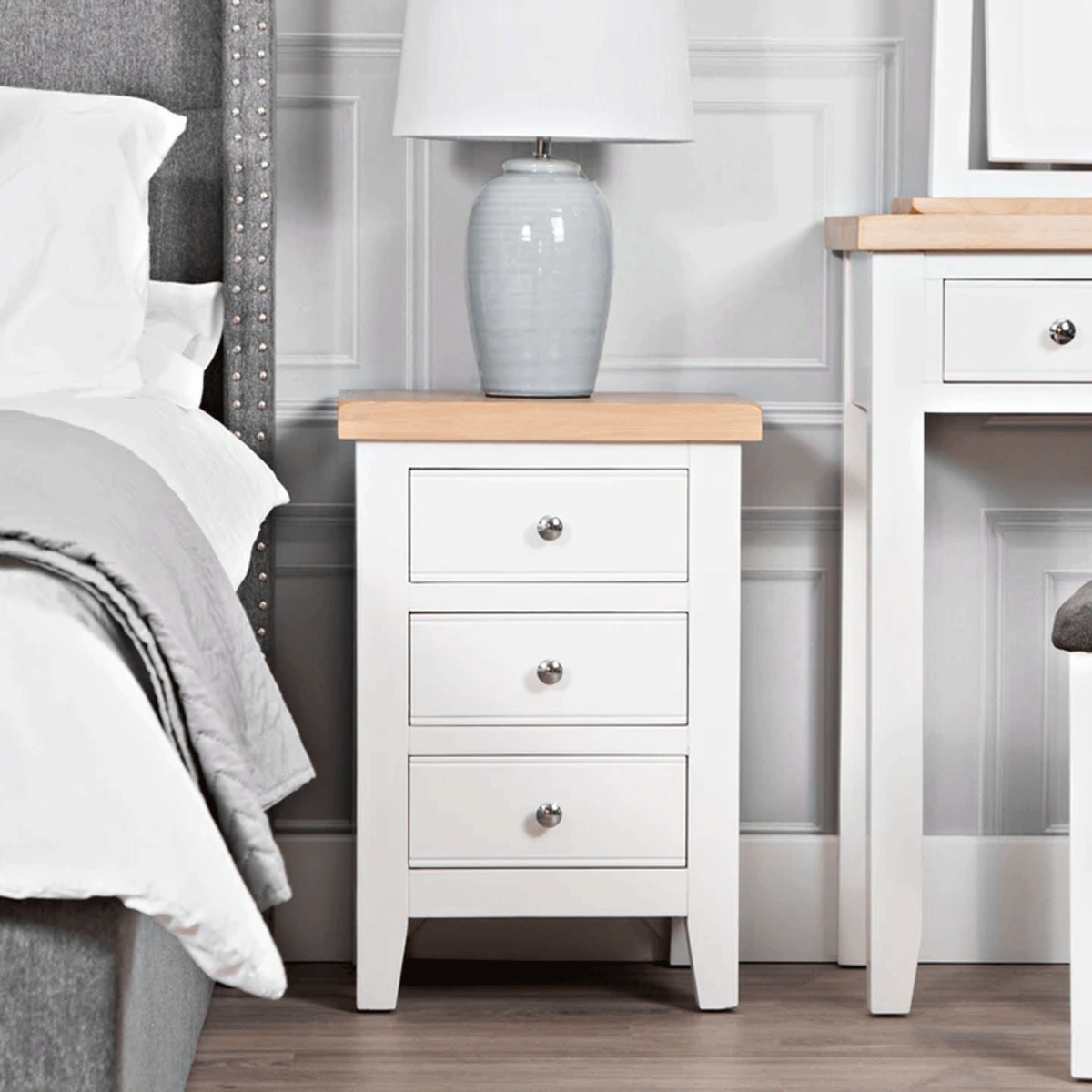 Bedside Table - QUANTUM 3 Drawer Nightstand White 45cm - Kettle Homes