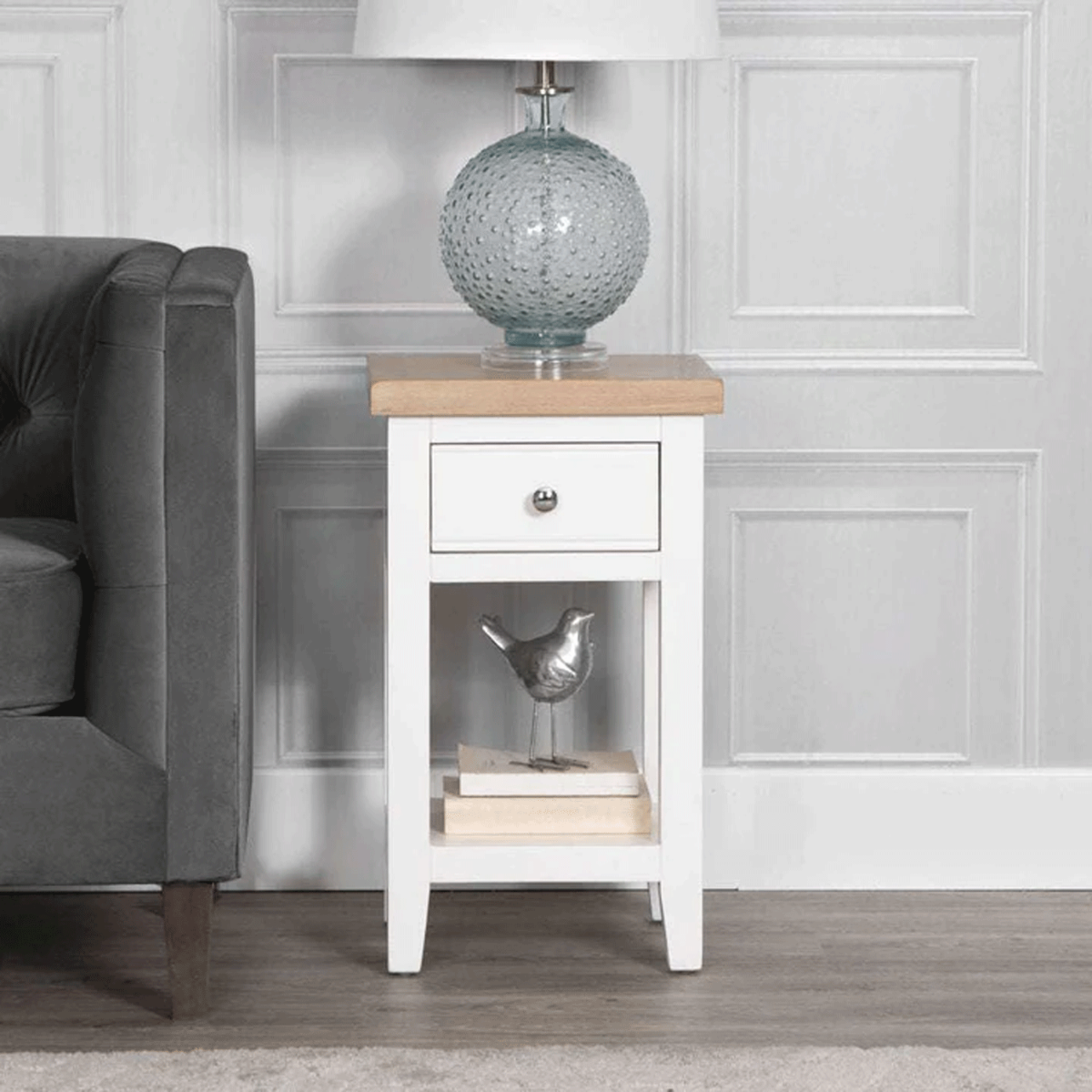 Quantum 1 Drawer Lamp Table with Oak Top - White - Kettle Homes