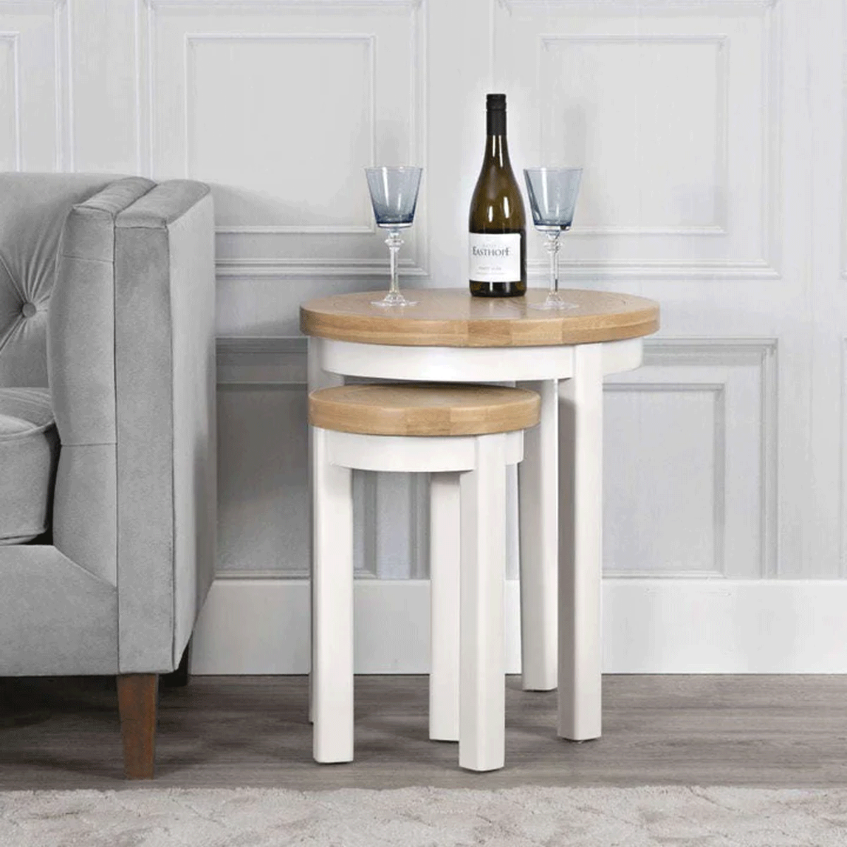 Quantum Nest of 2 Round Tables with Oak Top - White - Kettle Homes