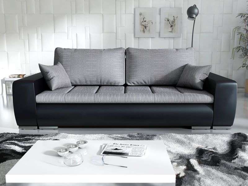 RANSFORD Leather and Fabric 3 Seater Sofa Bed - Grey with Black