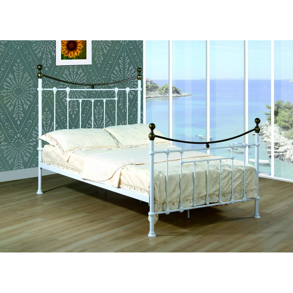 Builth White Metal Bed High Look Headboard in Antique Brass - Kingsize - Sigrid Mills