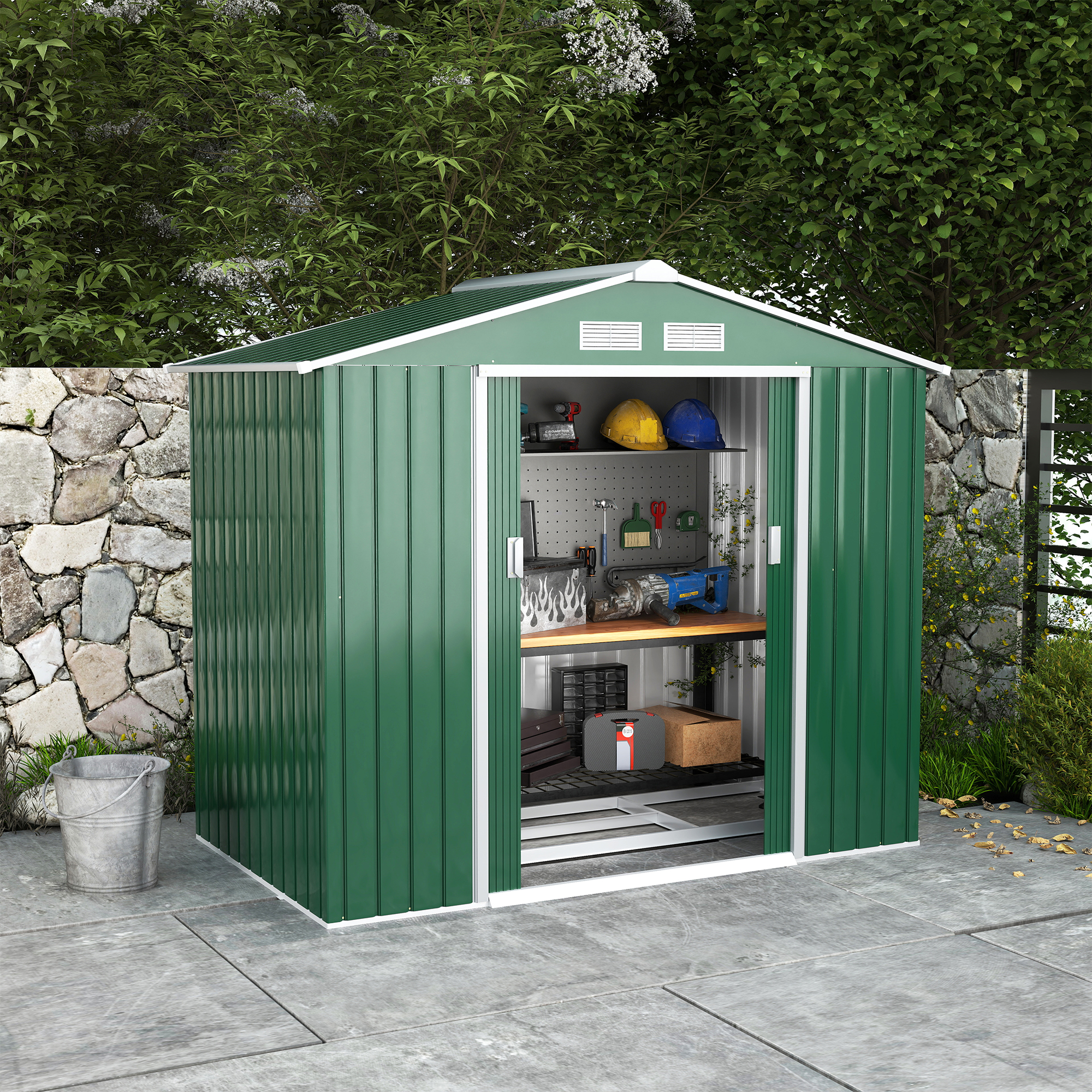 7ft x 4ft Lockable Garden Shed Large Patio Roofed Tool Metal Storage Building Foundation Sheds Box Outdoor Furniture, Green - Life Essentials