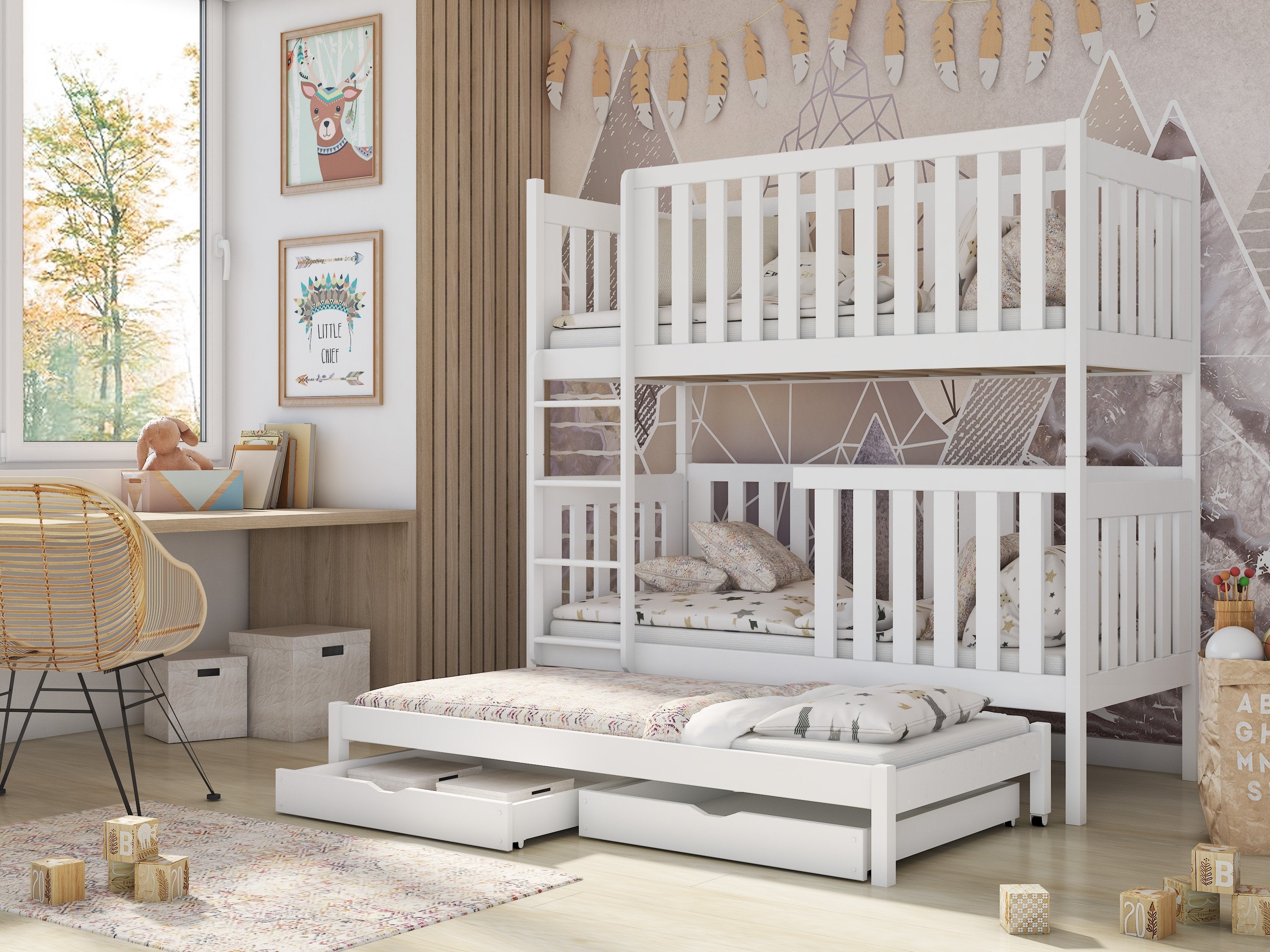 Persian Wooden 2 Drawer Storage Kids Bunk Bed with Trundle and Foam Mattress - White - Art Nest