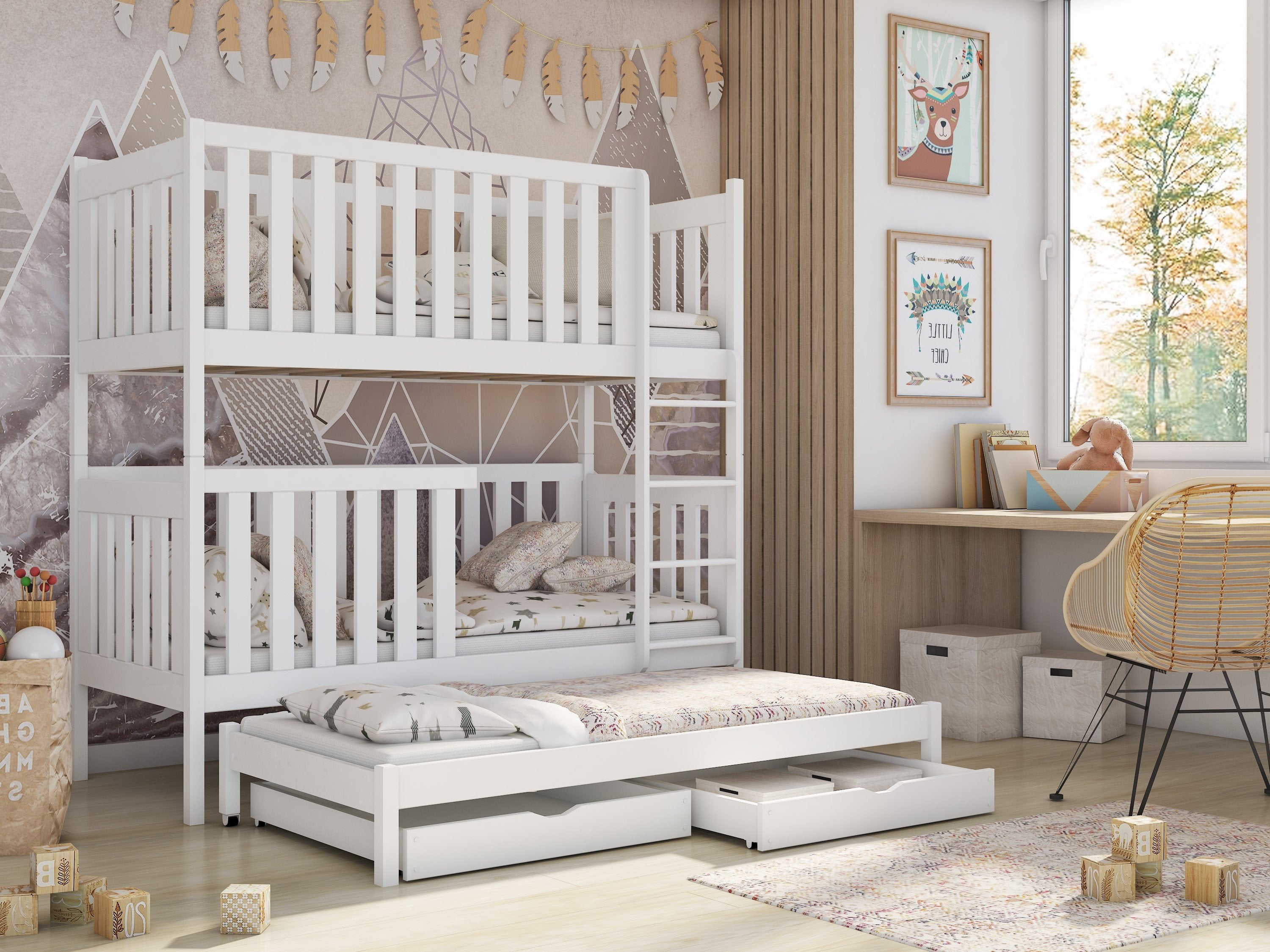 Persian Wooden 2 Drawer Storage Kids Bunk Bed with Trundle - White - Art Nest