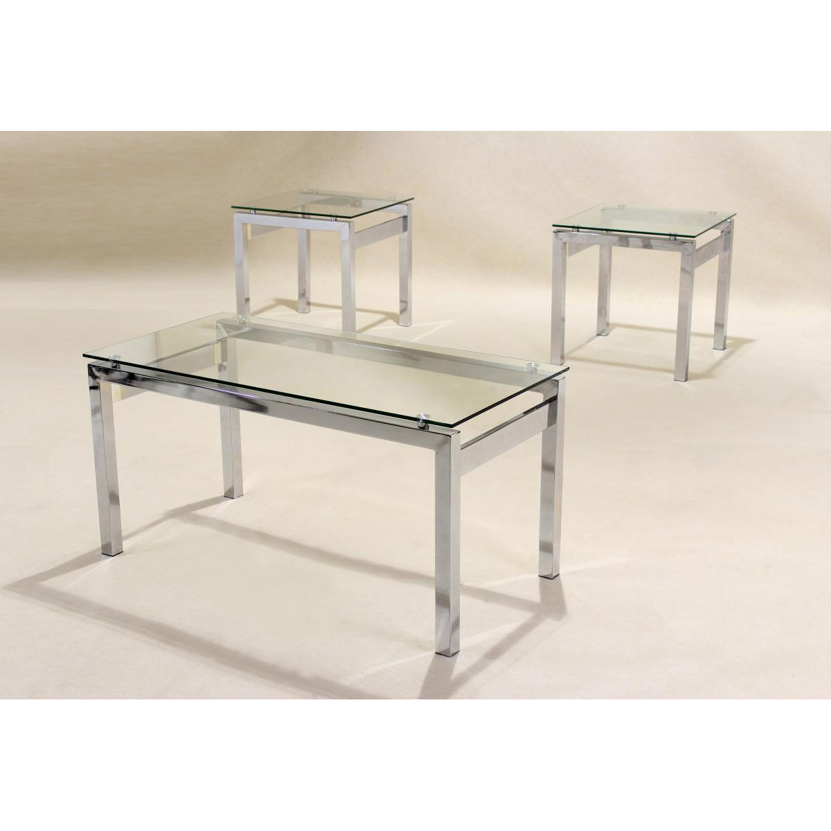 Clydebank Glass and Chrome Stainless Steel Occasional Coffee, Side Tables Set - Sigrid Mills