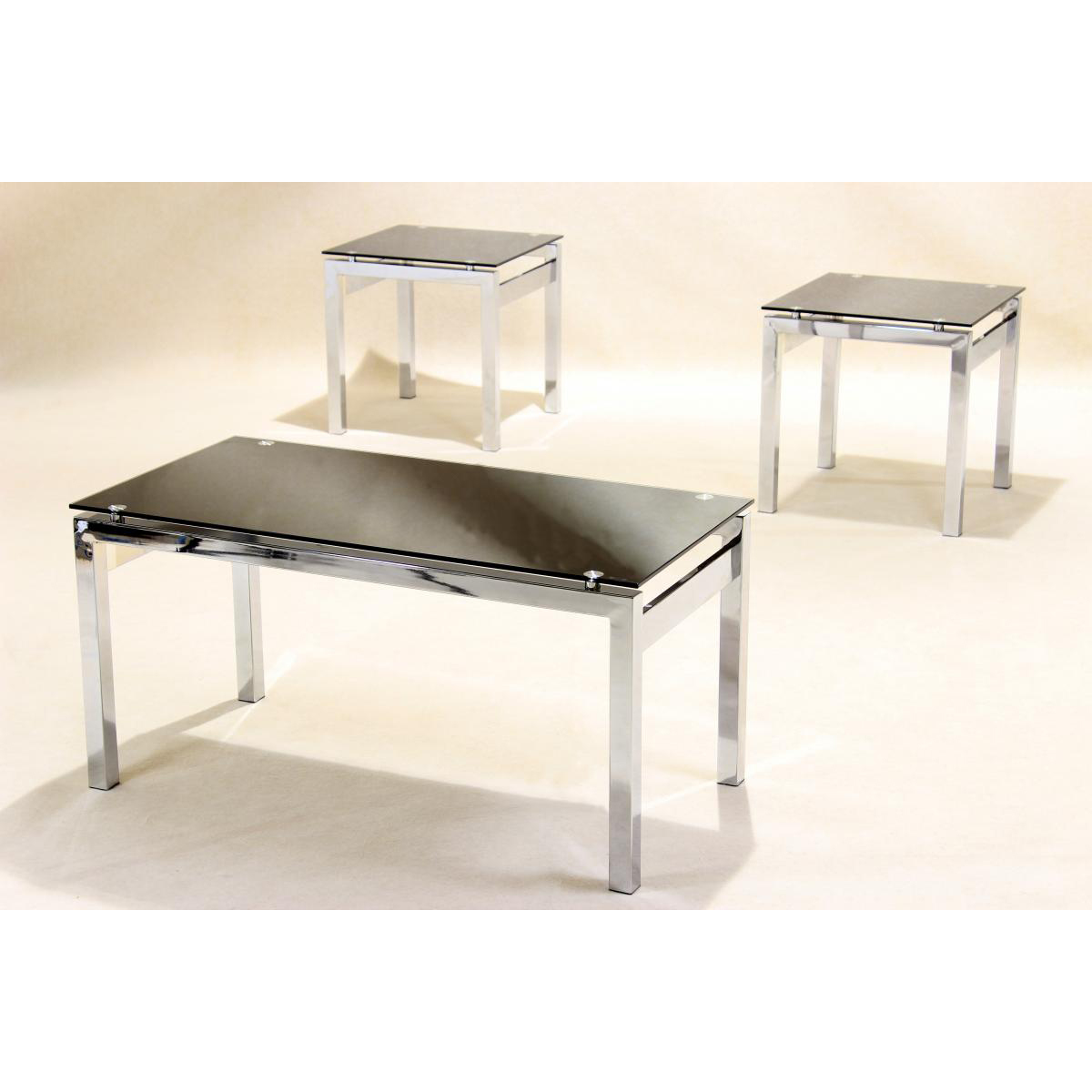 Clydebank Occasional Coffee, SIde Tables Set with Chrome Steel and Black Glass Top - Sigrid Mills