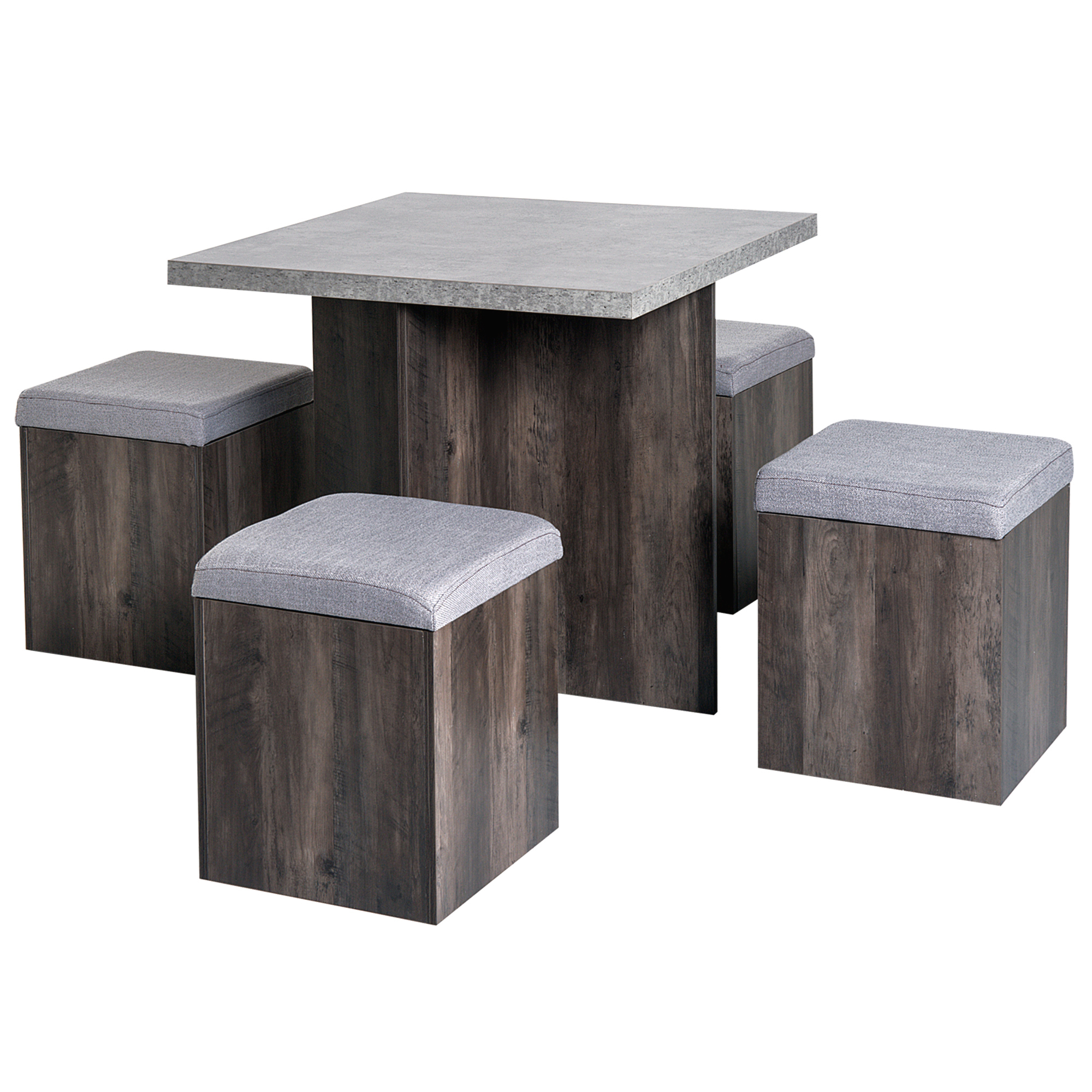5PC Dining Set Garden Patio Wooden Set 4 Storage Stools Footrest Ottoman with Cushions + 1 Table Space Saving Design Indoor Outdoor - Life Essentials