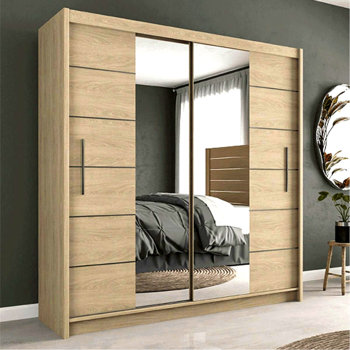 LUZERN 2 Door Mirrored Sliding Wardrobe Light Oak - 203cm - Avellino & Wells