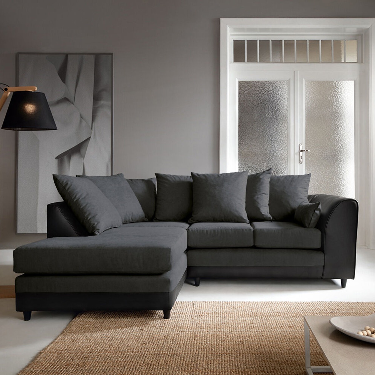Linacre Corner Sofa - Left Arm Black and Charcoal - Moonlight Interiors