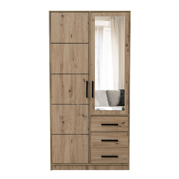 AVERTON 2 Door Mirrored Wardrobe with 3 Drawers Medium Oak - 100cm - Avellino & Wells
