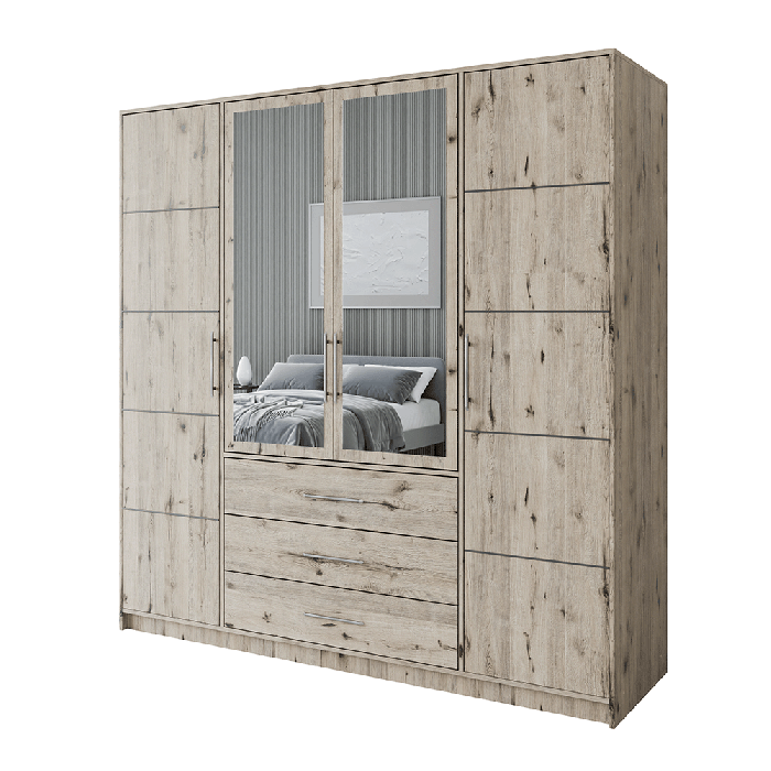 BARNSLEY 4 Door Mirrored Wardrobe with 3 Drawers Oak Wellington - 196cm - Avellino & Wells
