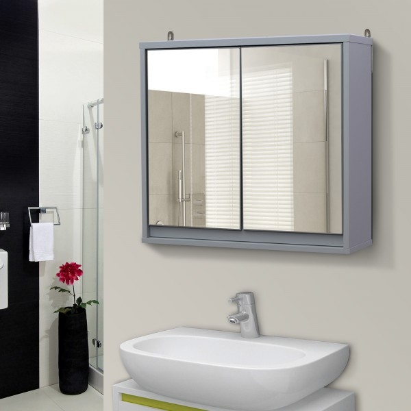 Bathroom Wall Storage Mirror Cabinet - Grey - Home Deals