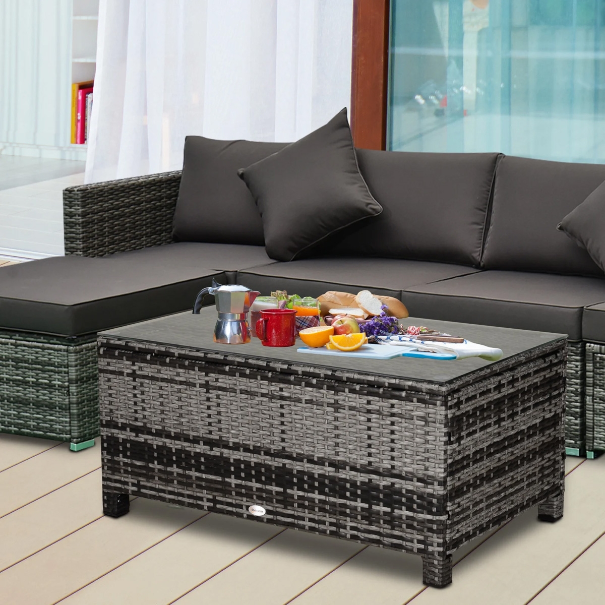 PE Rattan Garden Coffee Table with Tempered Glass Top - Grey - The Garden Savant