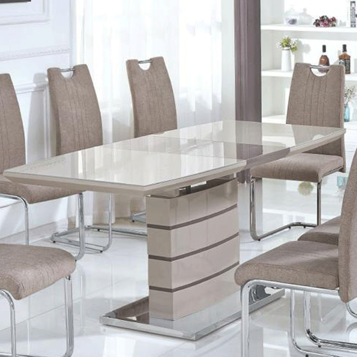 Birkenhead Extendable High Gloss Dining Table Chic with Tempered Glass Top Elegance in Cappuccino and Champagne - Sigrid Mills