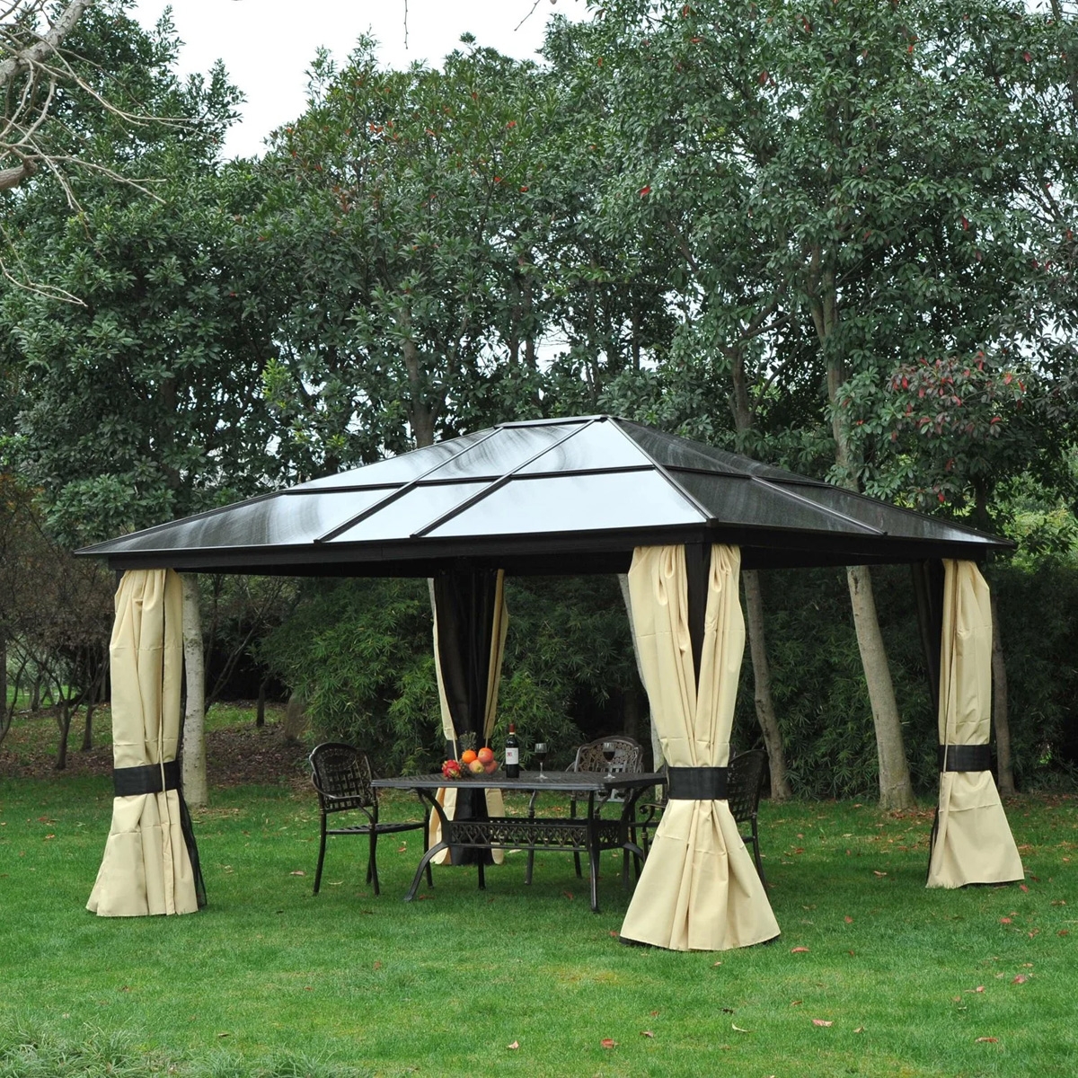 Aluminium Frame Texteline Draped Hardtop Gazebo - Brown - The Garden Savant
