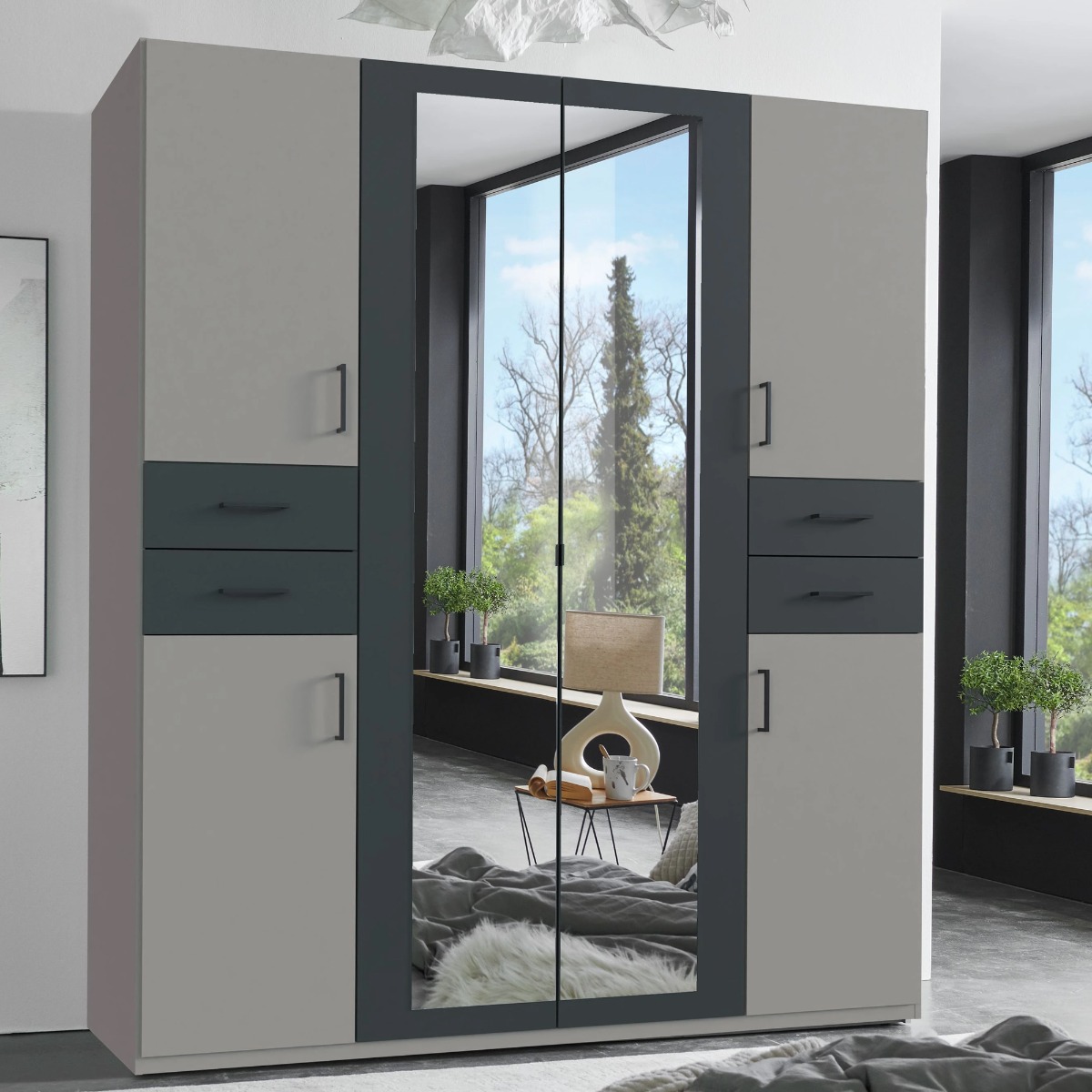 FENTON 4 Door Mirrored Wardrobe Grey - 180cm - Wimex Distribution