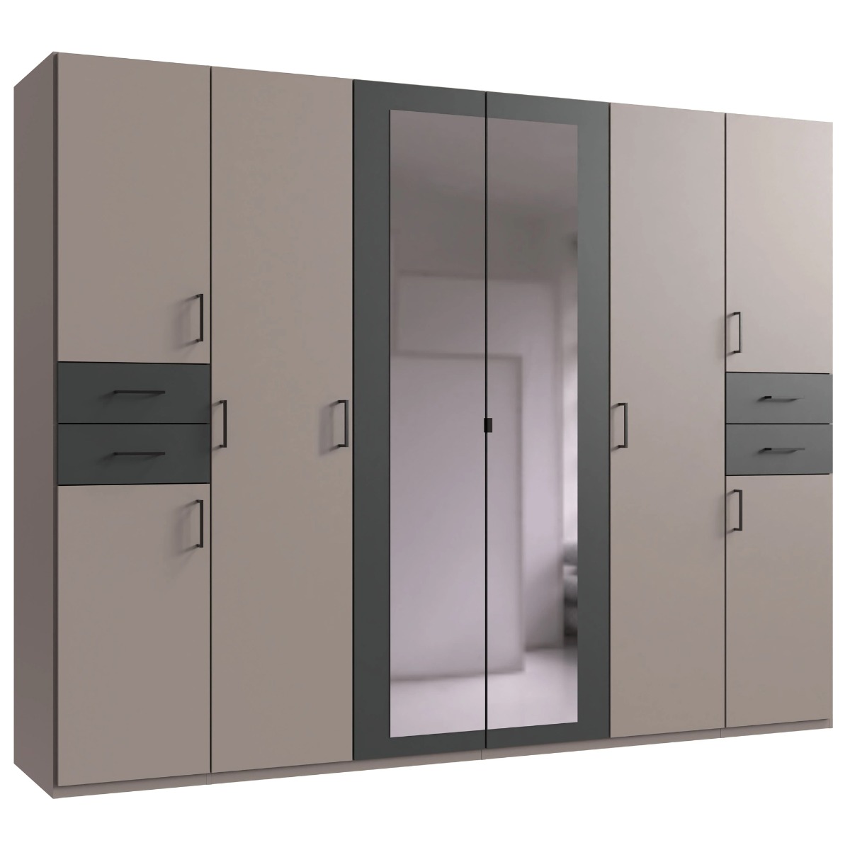 FENTON 6 Door Mirrored Wardrobe with 4 Drawers Grey - 270cm - Wimex Distribution