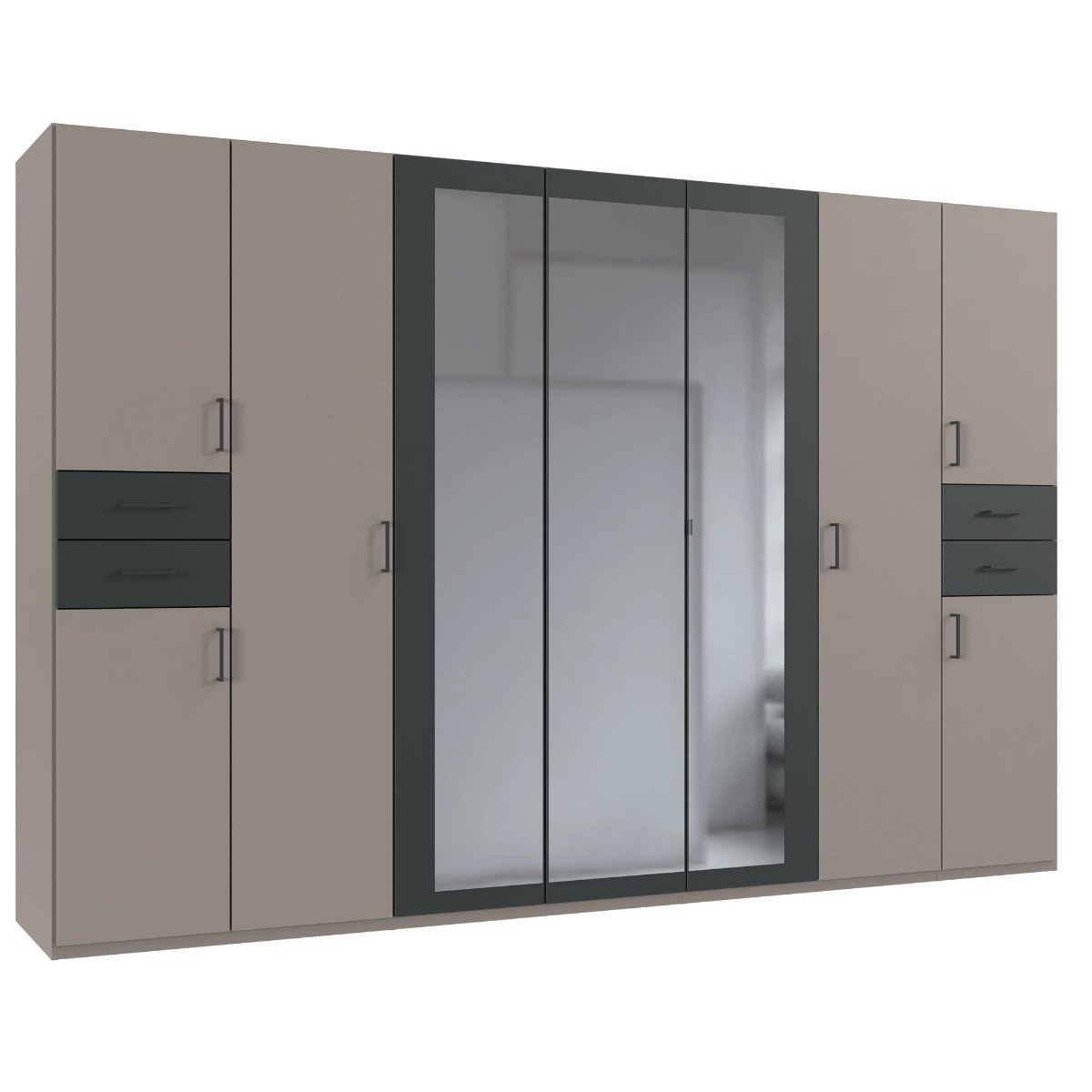 FENTON 7 Door Mirrored Wardrobe with 4 Drawers Grey - 313cm - Wimex Distribution