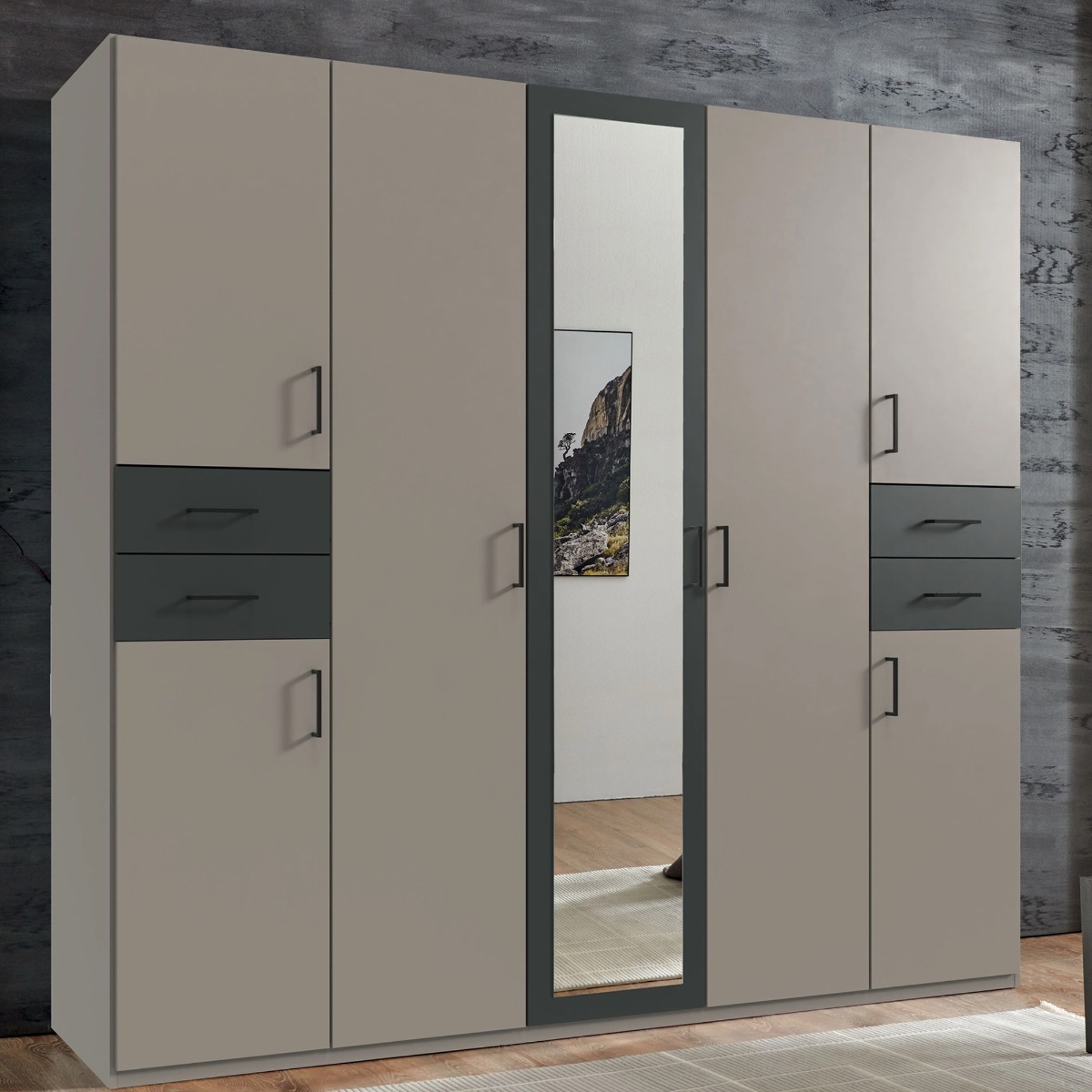 FENTON 5 Door Mirrored Wardrobe Grey - 225cm - Wimex Distribution