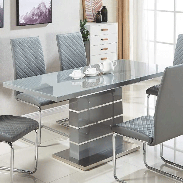 Lesbury High Gloss Extendable Dining Table Stainless Steel Base with Clear Tempered Glass Top - Grey and Silver - Sigrid Mills
