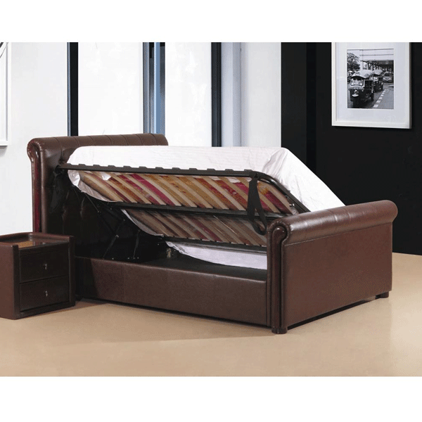 Fowey Double Size PU Leather Bed with Right Hand Side Storage - Brown - Sigrid Mills