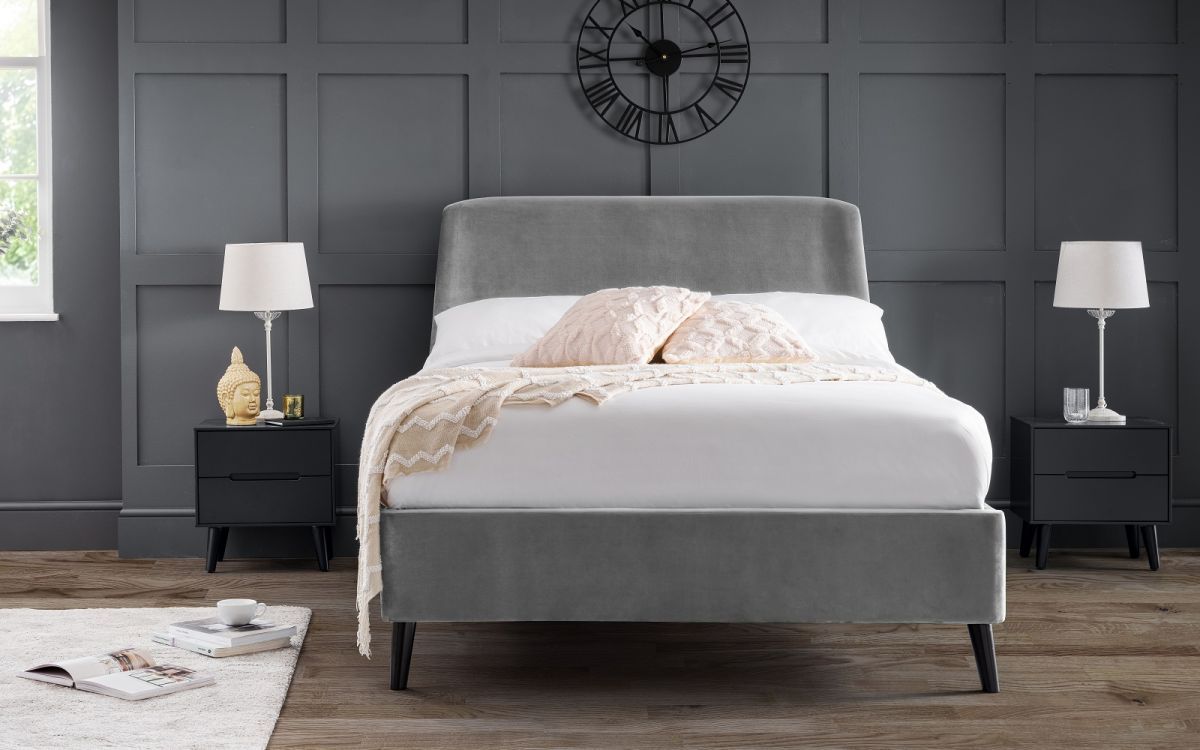 Frida Curved Velvet Doiuble Bed - Grey - JB Collections