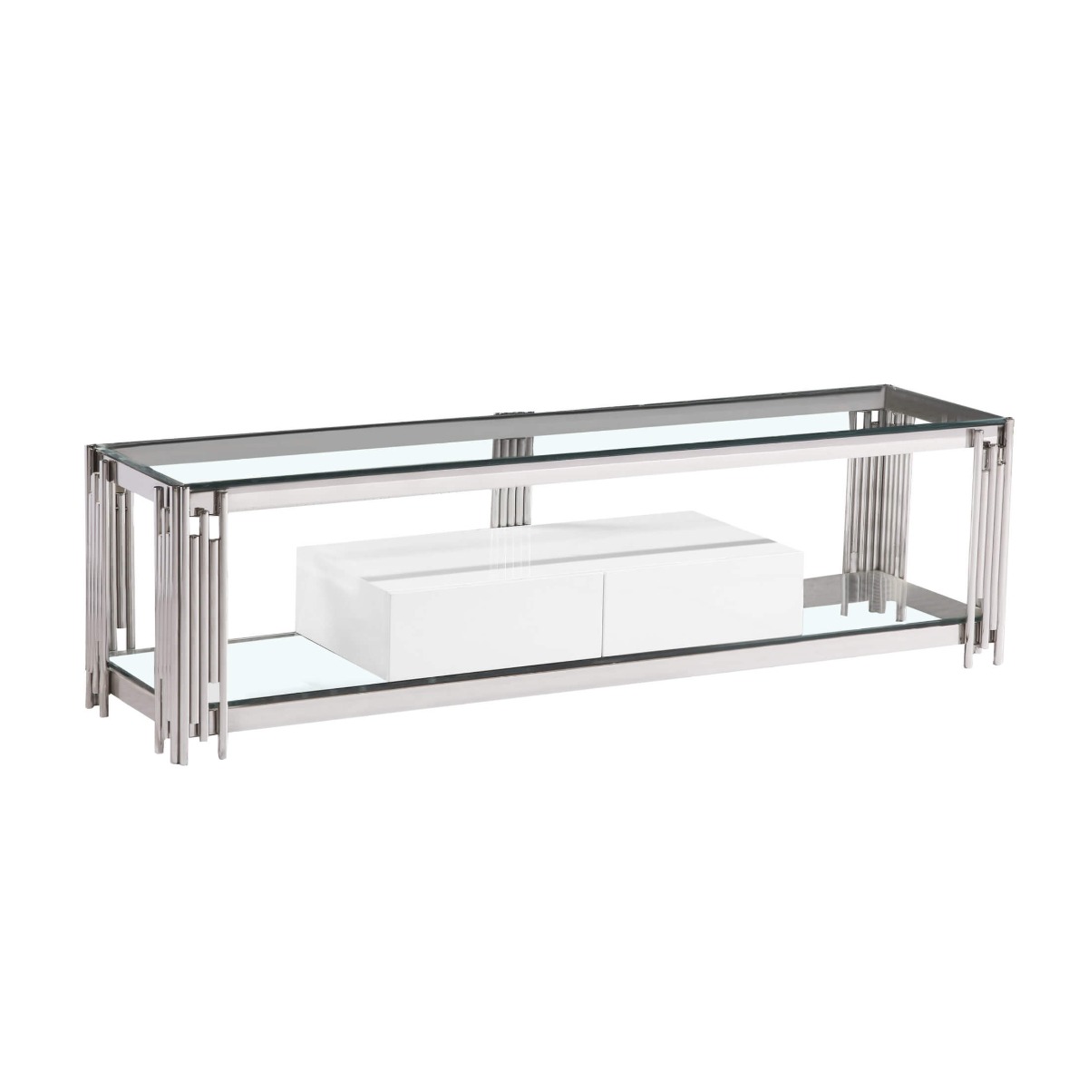Lesbury Stylish White and Silver TV Unit with Stainless Steel Frame, High Gloss Drawer - Sigrid Mills