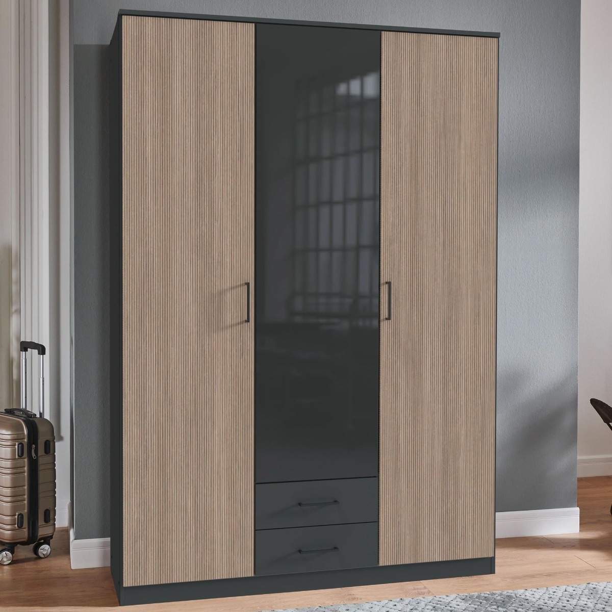 FURIA 3 Door Wardrobe with 2 Drawers Grey - 135cm - Wimex Distribution
