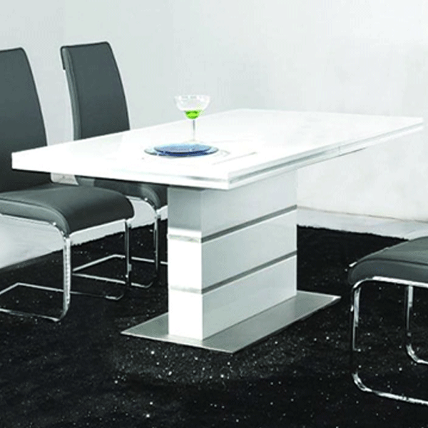 Gretna High Gloss White Dining Table with Stainless Steel Base - Sigrid Mills
