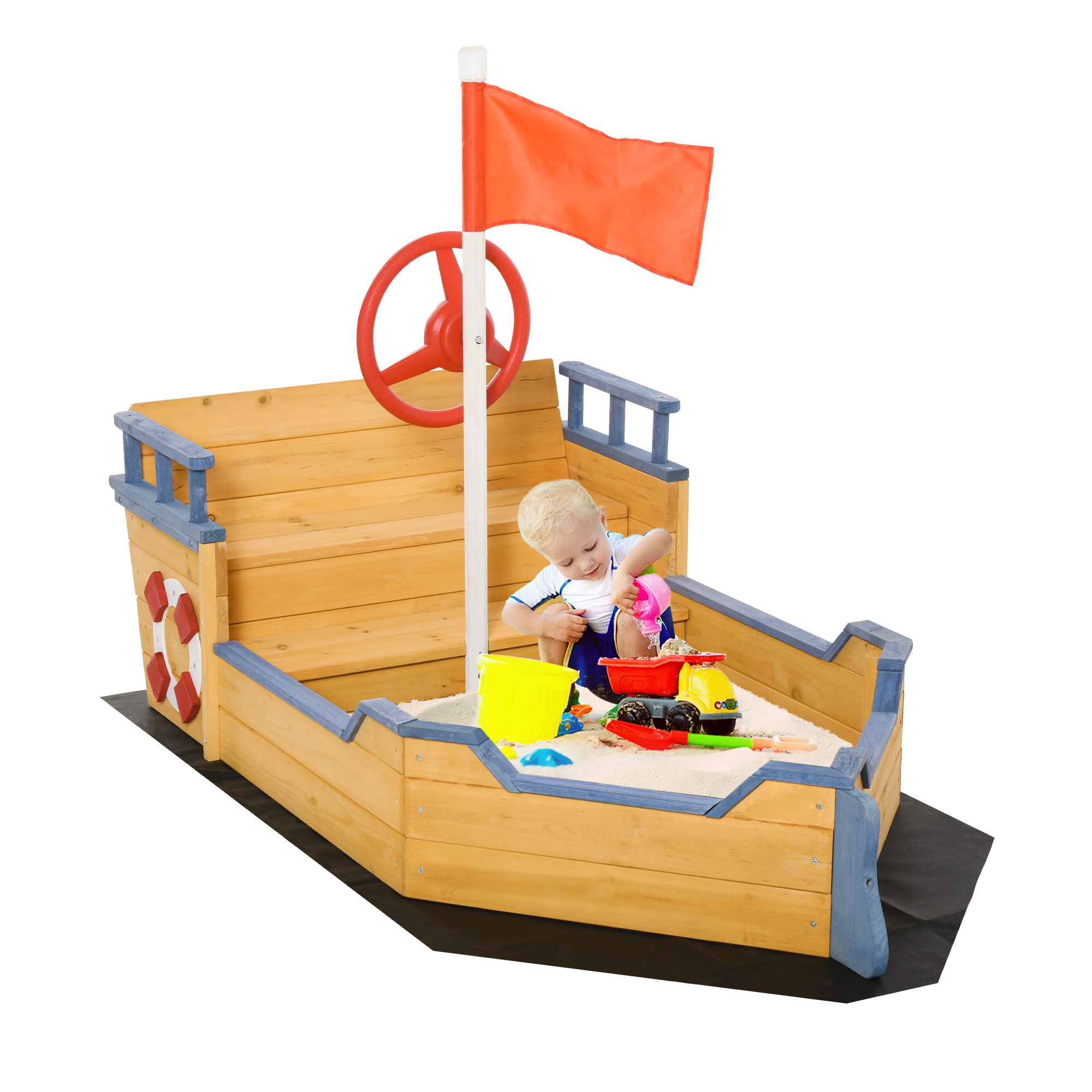 Kids Wooden Sandpit Children Sandbox Pirate Ship Sandboat Outdoor Backyard Playset Play Station w/ Bench Bottom Liner - Life Essentials