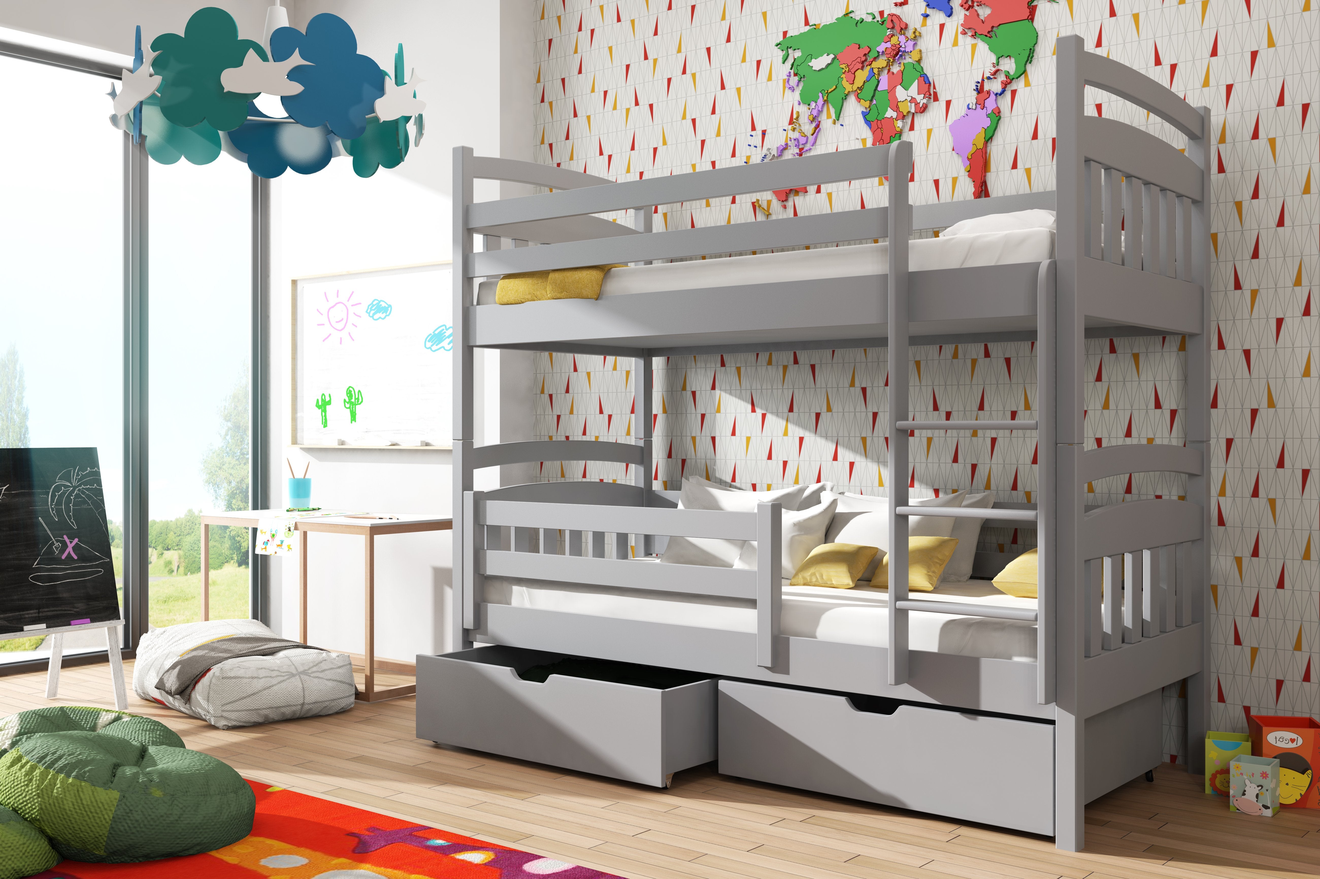 Gabby Wooden Kids Bunk Bed with Storage and Foam Mattress - Grey - Art Nest